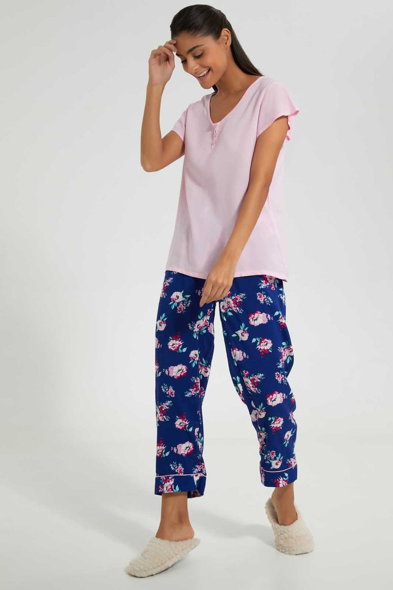 Redtag-Navy-Floral-Printed-Pyjama-Set-Pyjama-Sets-Women's-