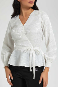 Redtag-Ivory-Satin-Jacquard-Peplum-Blouse-Blouses-Women's-