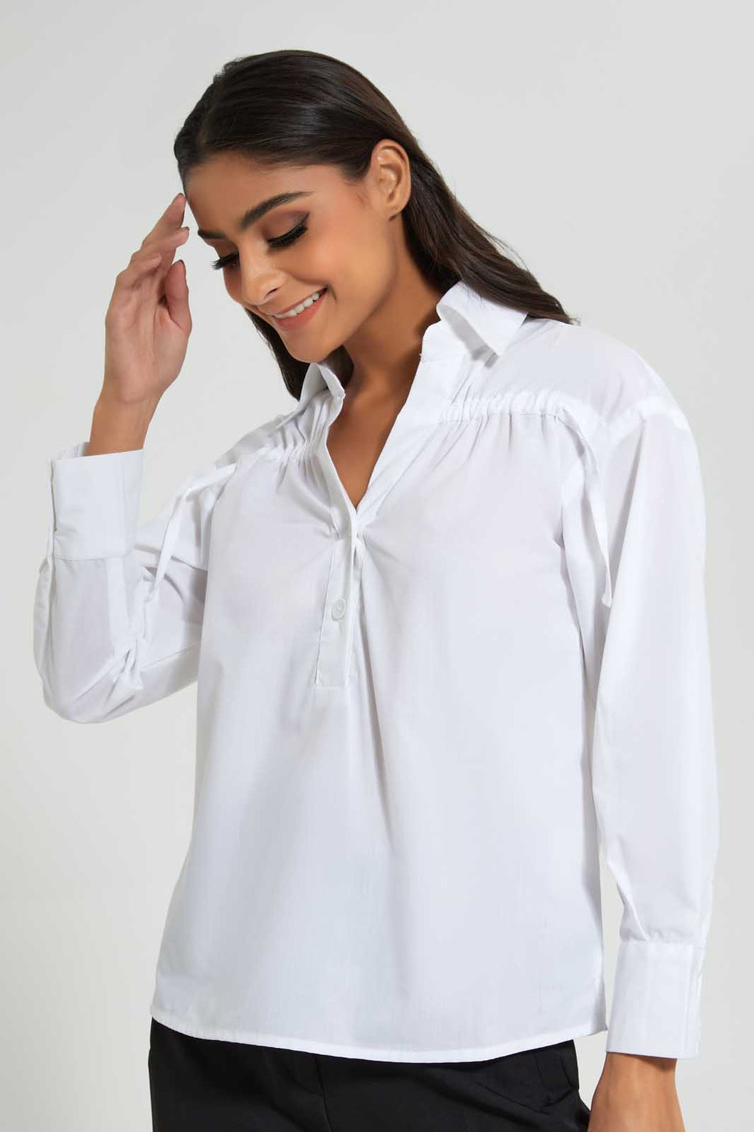 Redtag-Beige-Collar-Blouse-Half-Placket-Beige-Color-Fabric:Cotton/Poly-Blouses-Women's-