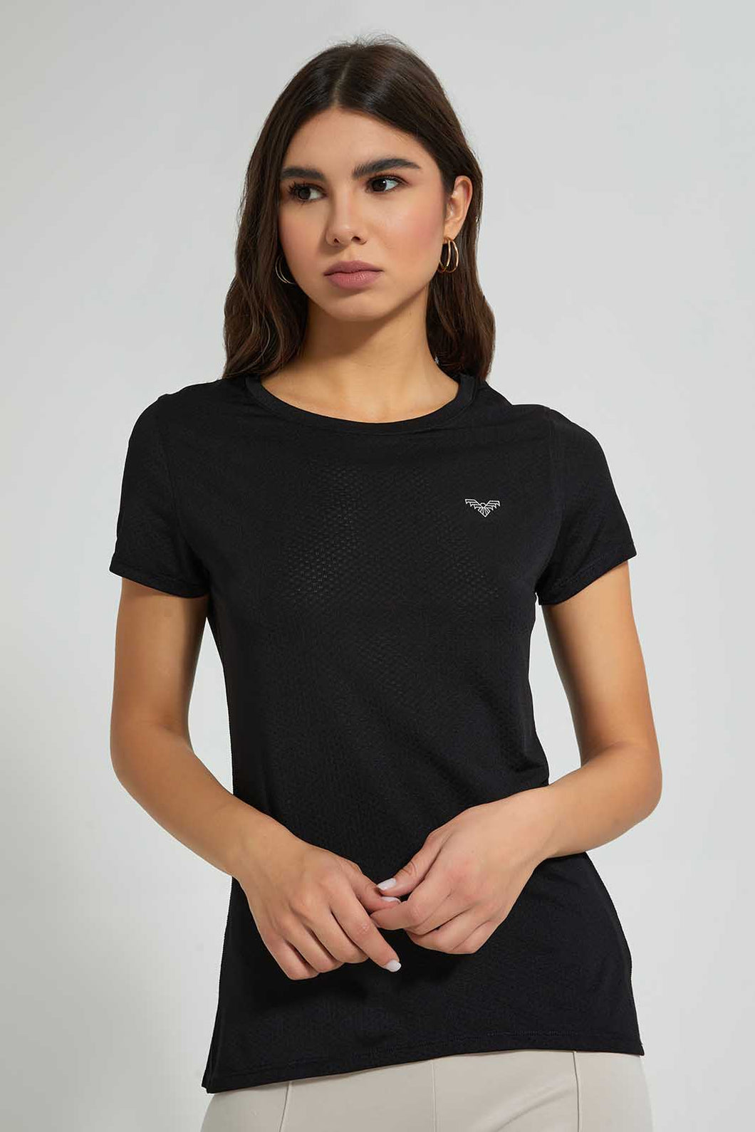 Redtag-Black-Crew-Neck-Placement-Print-T-Shirt-Active-Tees-Women's-