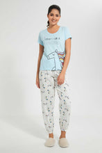 Load image into Gallery viewer, Redtag-Blue-Unicorn-Printed-Pyjama-Set-Pyjama-Sets-Women&#39;s-
