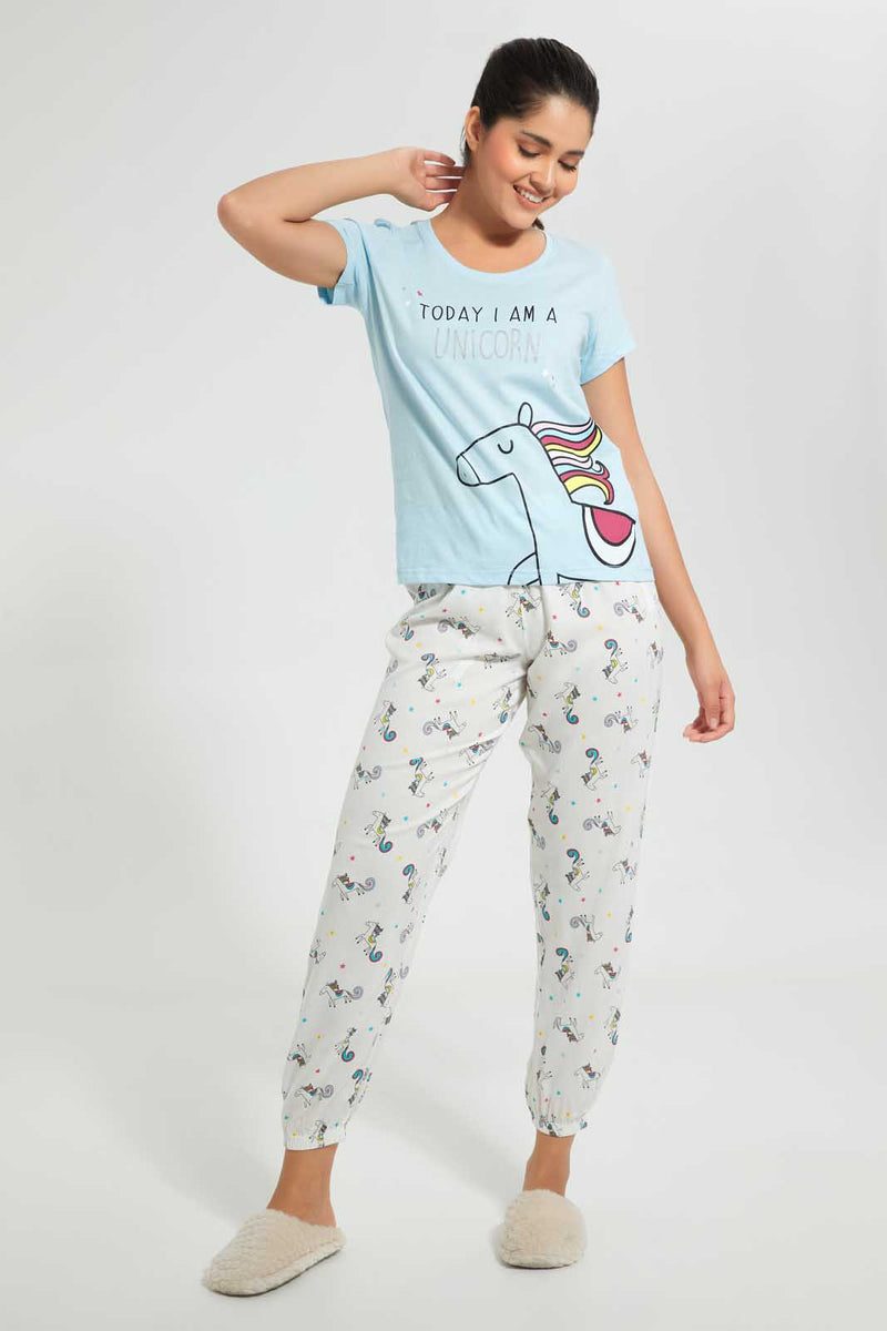 Redtag-Blue-Unicorn-Printed-Pyjama-Set-Pyjama-Sets-Women's-