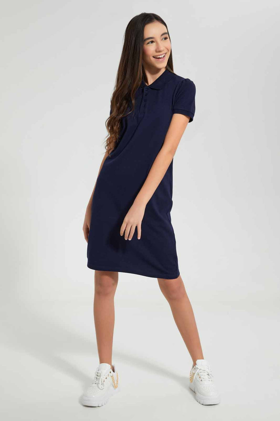 Redtag-Navy-Polo-Pique-Collared-Dress-Dresses-Senior-Girls-9 to 14 Years