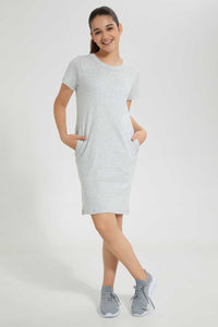 Redtag-Grey-Melange-Basic-Knitted-Dress-Dresses-Senior-Girls-9 to 14 Years