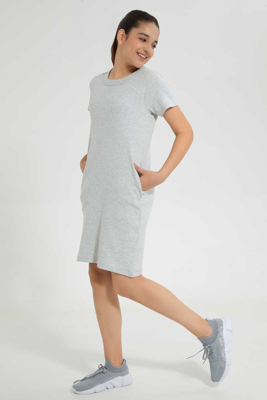 Redtag-Grey-Melange-Basic-Knitted-Dress-Dresses-Senior-Girls-9 to 14 Years
