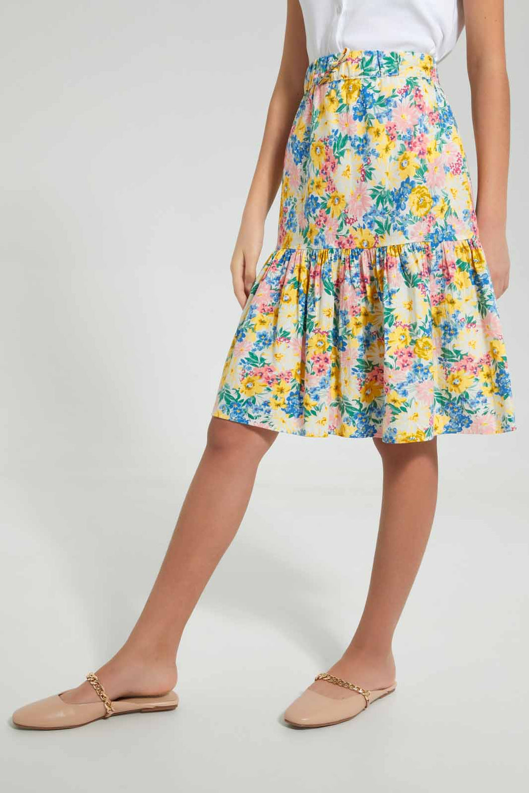 Redtag-Assorted-Yellow-Floral-Longer-Length--Tiered-Skirts-Skirts-Senior-Girls-9 to 14 Years