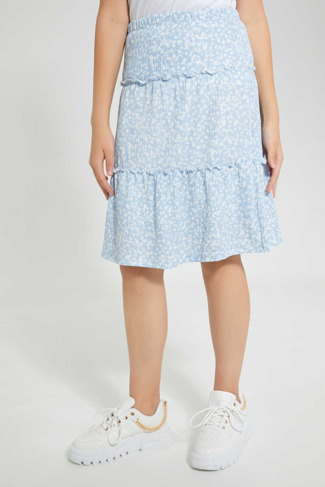 Redtag-Lt-Blue-Floral-Tiered-Skirt-Skirts-Senior-Girls-9 to 14 Years