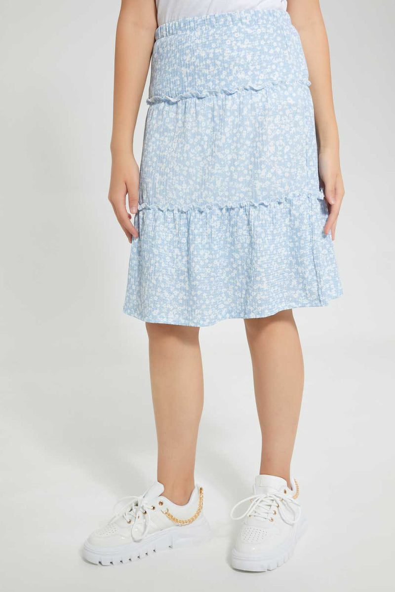 Redtag-Lt-Blue-Floral-Tiered-Skirt-Skirts-Senior-Girls-9 to 14 Years