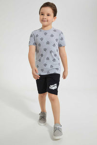 Redtag-Black-Print-Short-Active-Shorts-Boys-2 to 8 Years