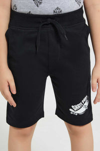 Redtag-Black-Print-Short-Active-Shorts-Boys-2 to 8 Years