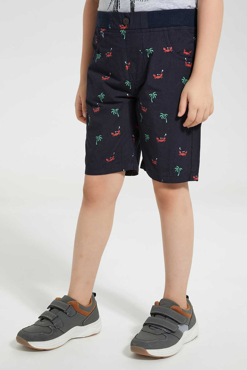 Redtag-Navy-Stripe-Ribbed-Printed-Short-Casual-Shorts-Boys-2 to 8 Years