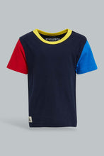 Load image into Gallery viewer, Redtag-Navy-Short-Slv-T-Shirt-With-Contrast-Sleeves-Plain-Infant-Boys-3 to 24 Months
