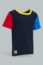 Load image into Gallery viewer, Redtag-Navy-Short-Slv-T-Shirt-With-Contrast-Sleeves-Plain-Infant-Boys-3 to 24 Months
