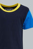 Redtag-Navy-Short-Slv-T-Shirt-With-Contrast-Sleeves-Plain-Infant-Boys-3 to 24 Months