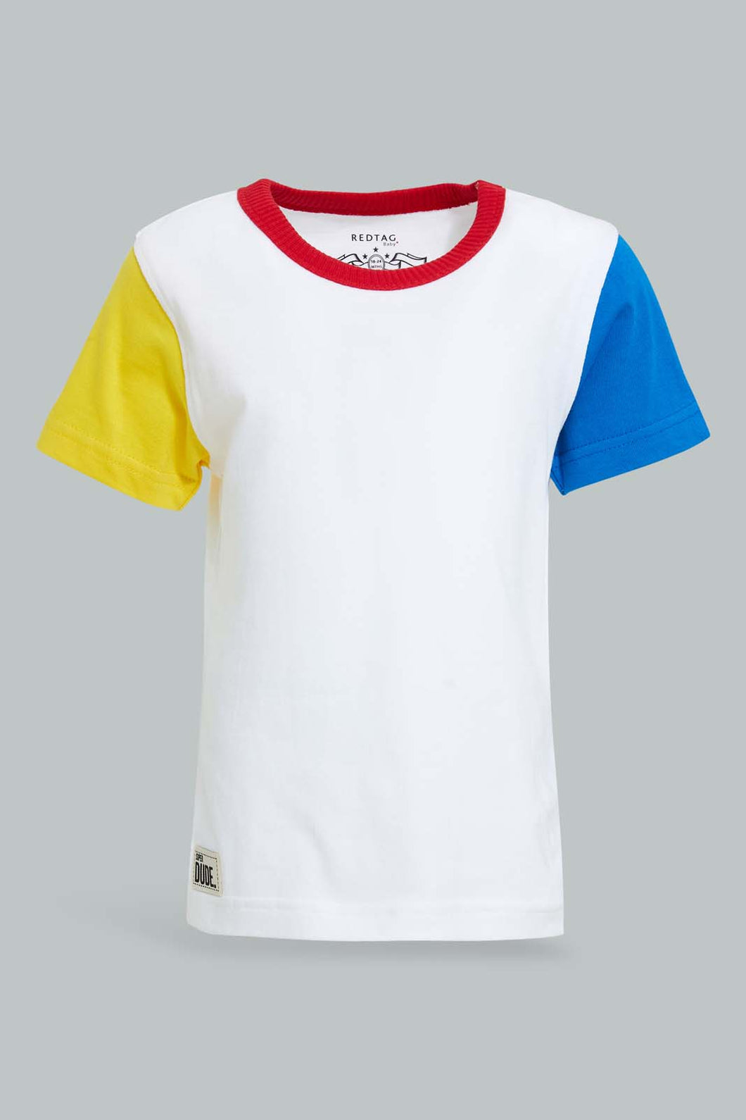 Redtag-White-Short-Slv-T-Shirt-With-Contrast-Sleeves-Plain-Infant-Boys-3 to 24 Months