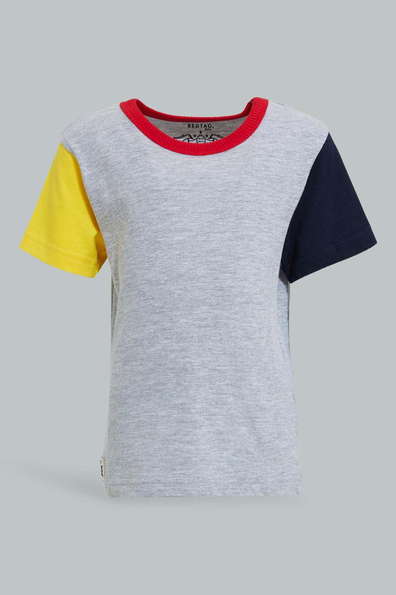 Redtag-Grey-Short-Slv-T-Shirt-With-Contrast-Sleeves-Plain-Infant-Boys-3 to 24 Months