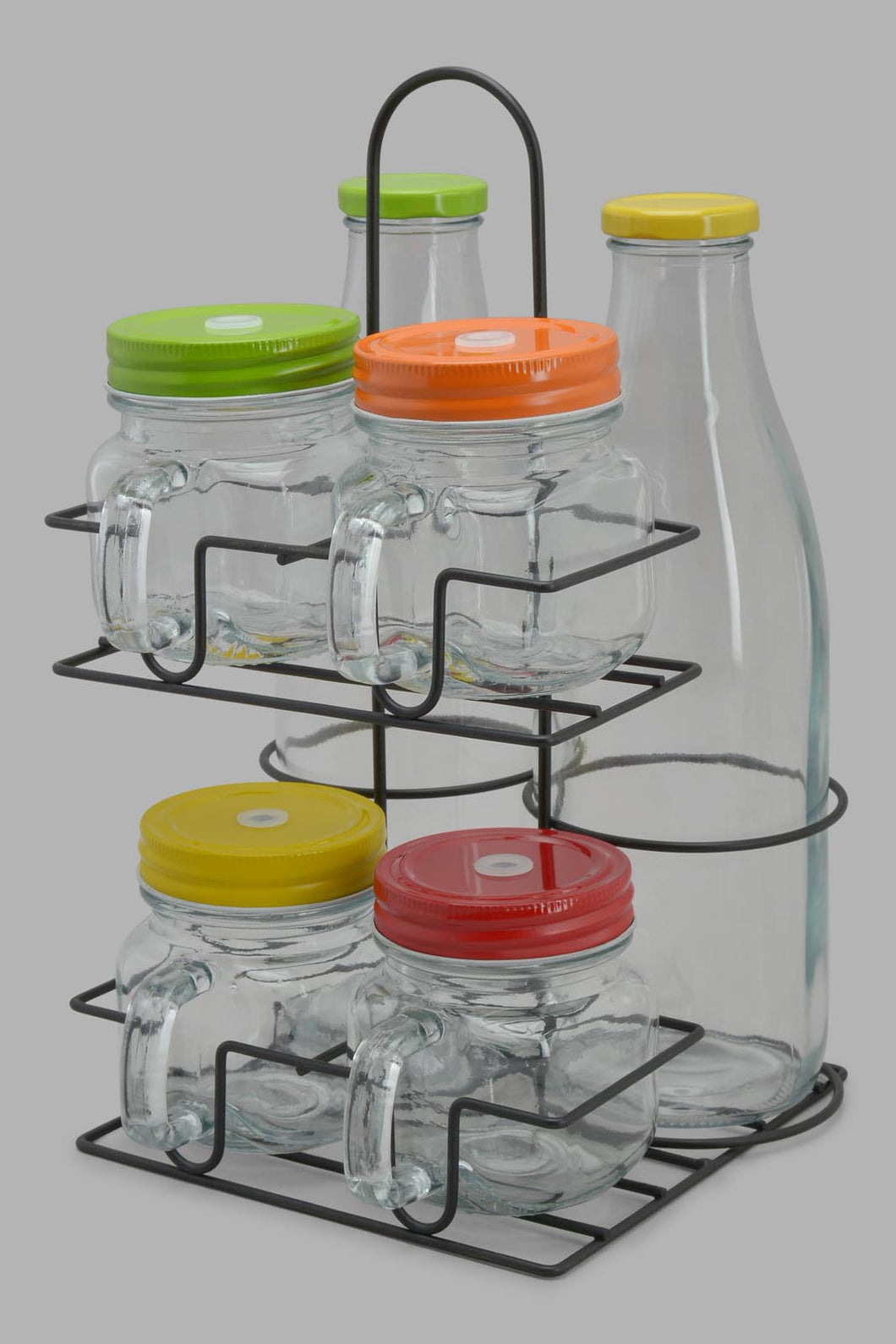 Redtag-Clear-Mason-Jar-With-Metal-Stand-&-Straw-(7-Piece)-Category:Glasses,-Colour:White,-Filter:Home-Dining,-HMW-DIN-Drinkware,-New-In,-New-In-HMW-DIN,-Non-Sale,-S22C,-Section:Homewares-Home-Dining-