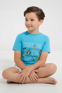 Redtag-Blue-Beach-Print-T-Shirt-And-Short-Pyjama-Set-Pyjama-Sets-Boys-2 to 8 Years
