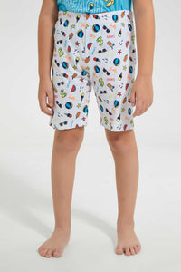 Redtag-Blue-Beach-Print-T-Shirt-And-Short-Pyjama-Set-Pyjama-Sets-Boys-2 to 8 Years