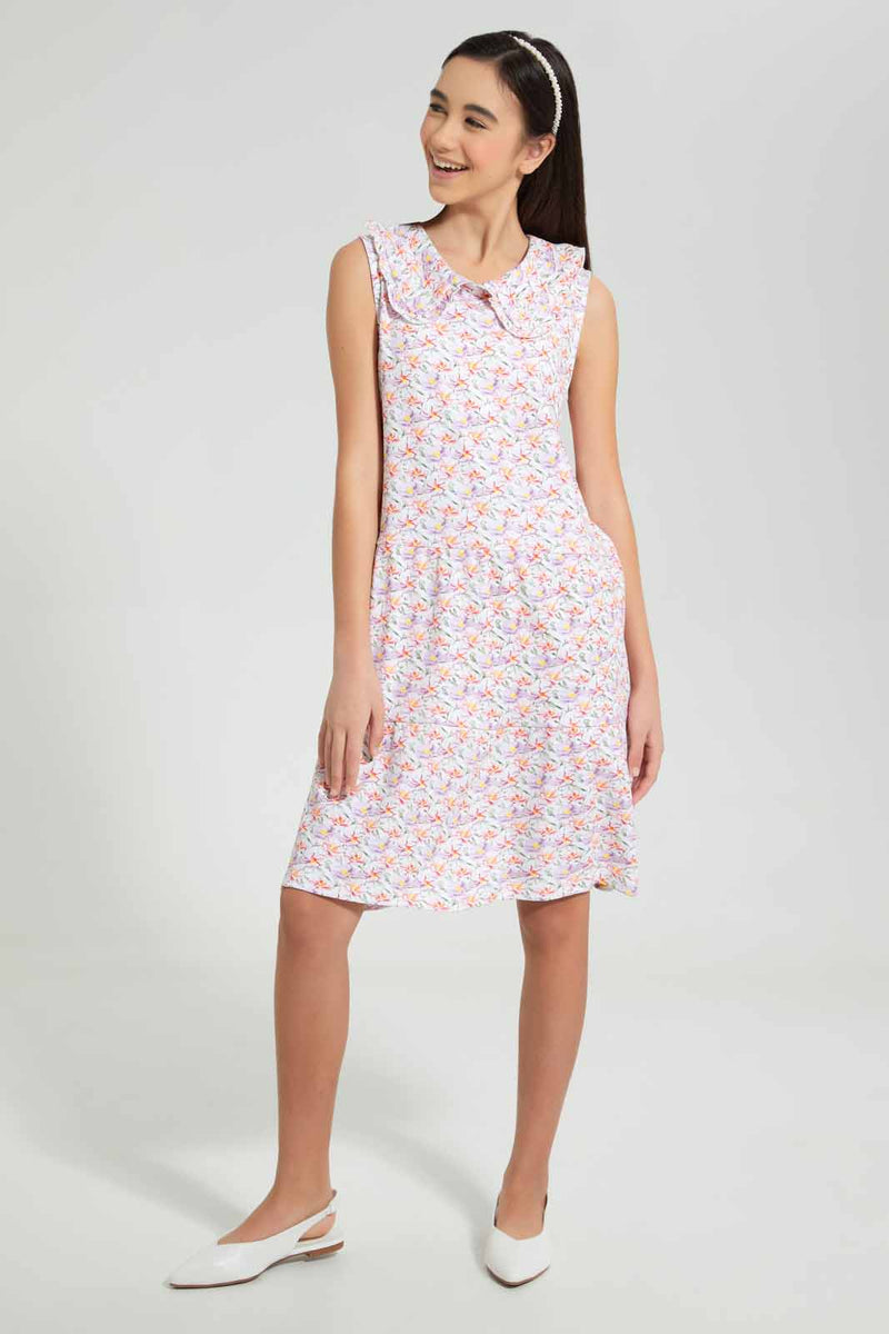 Redtag-Pink-Floral-Print-Peterpan-Collar-Tiered-Dress-Dresses-Senior-Girls-9 to 14 Years
