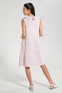 Redtag-Pink-Floral-Print-Peterpan-Collar-Tiered-Dress-Dresses-Senior-Girls-9 to 14 Years