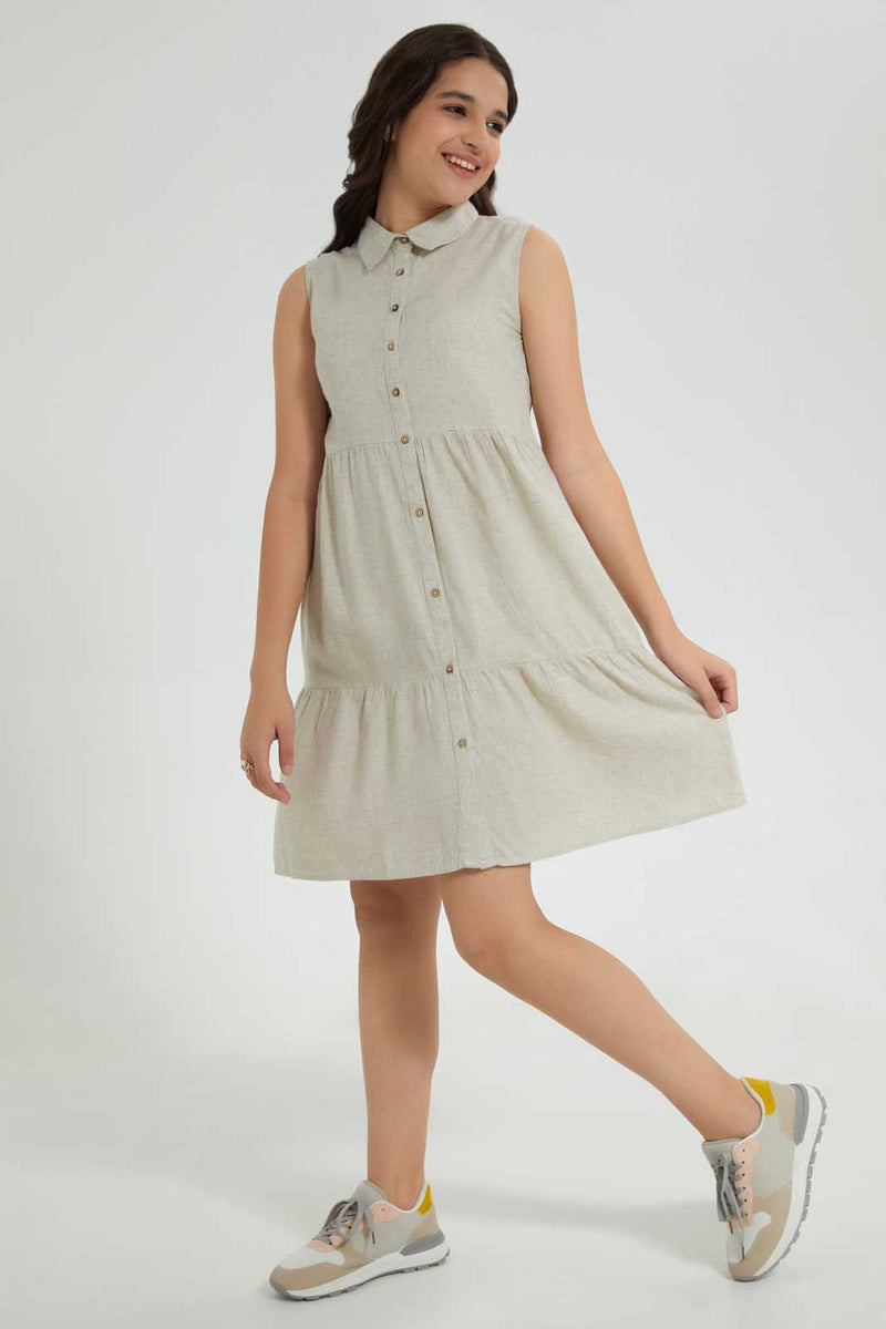 Redtag-Beige-Linen-Shirt-Dresses-Senior-Girls-9 to 14 Years