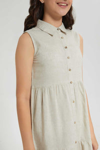 Redtag-Beige-Linen-Shirt-Dresses-Senior-Girls-9 to 14 Years