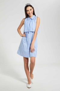 Redtag-Blue/White-Stripes-Collared-Front-Tie-Shirt-Dress-Dresses-Senior-Girls-9 to 14 Years