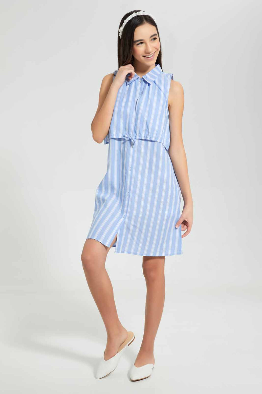 Redtag-Blue/White-Stripes-Collared-Front-Tie-Shirt-Dress-Dresses-Senior-Girls-9 to 14 Years
