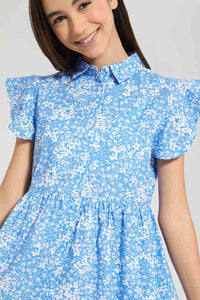 Redtag-Blue-Floral-Shirt-Dress-Dresses-Senior-Girls-9 to 14 Years