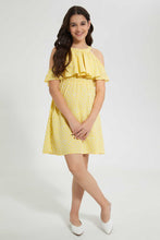 تنزيل الصورة على معرض الصور، Redtag-Yellow-Floral-Print-Cold-Shoulder-Dress-Dresses-Senior-Girls-9 to 14 Years
