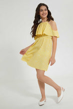 تنزيل الصورة على معرض الصور، Redtag-Yellow-Floral-Print-Cold-Shoulder-Dress-Dresses-Senior-Girls-9 to 14 Years

