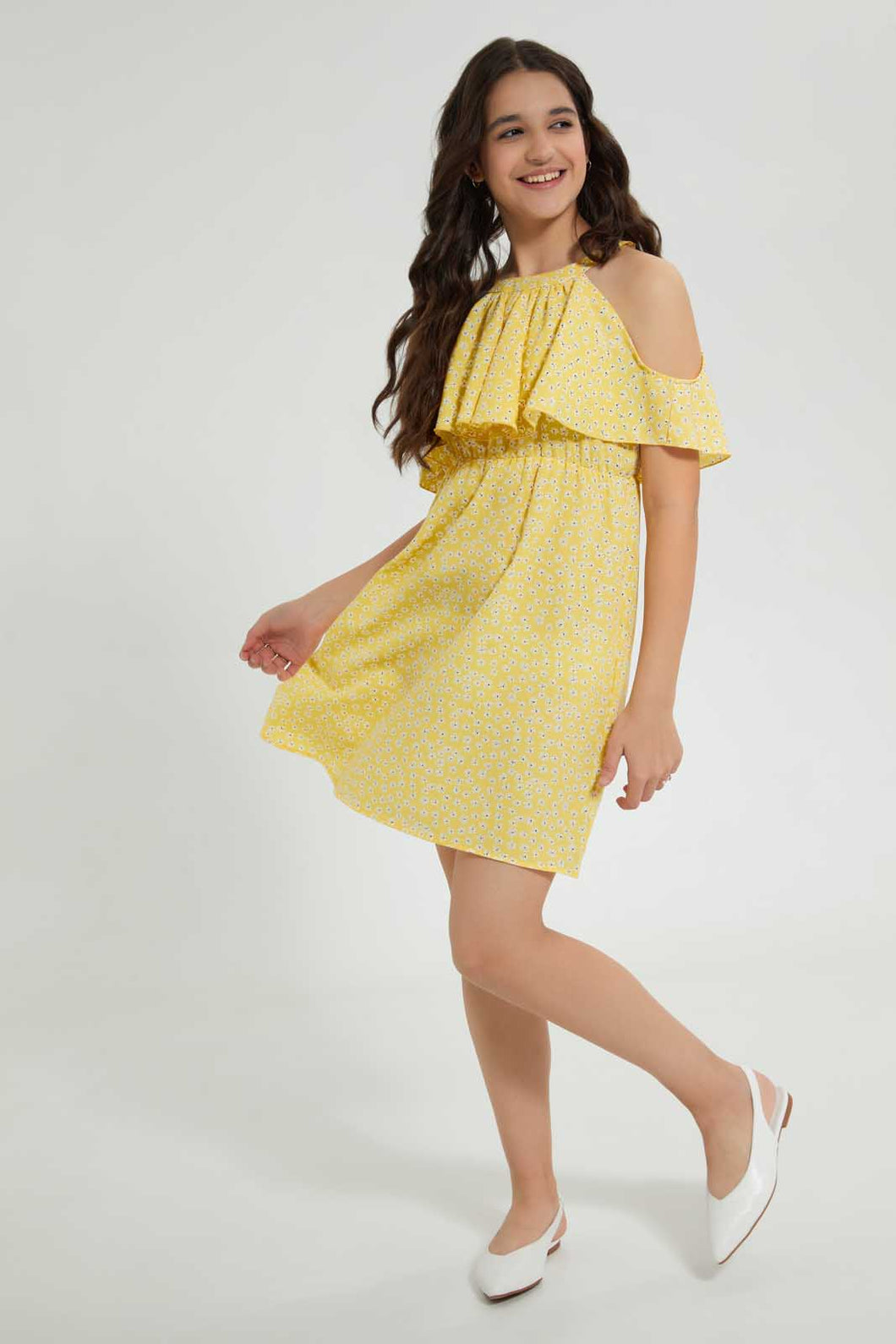 Redtag-Yellow-Floral-Print-Cold-Shoulder-Dress-Dresses-Senior-Girls-9 to 14 Years