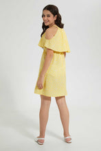 تنزيل الصورة على معرض الصور، Redtag-Yellow-Floral-Print-Cold-Shoulder-Dress-Dresses-Senior-Girls-9 to 14 Years
