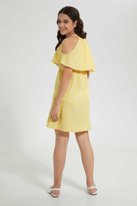 Redtag-Yellow-Floral-Print-Cold-Shoulder-Dress-Dresses-Senior-Girls-9 to 14 Years