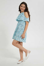 تنزيل الصورة على معرض الصور، Redtag-Blue-Floral-Print-Cold-Shoulder-Dress-Dresses-Senior-Girls-9 to 14 Years
