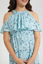 تنزيل الصورة على معرض الصور، Redtag-Blue-Floral-Print-Cold-Shoulder-Dress-Dresses-Senior-Girls-9 to 14 Years
