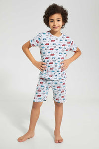 Redtag-Grey-Car-Print-T-Shirt-And-Short-Set-Pyjama-Sets-Boys-2 to 8 Years