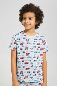 Redtag-Grey-Car-Print-T-Shirt-And-Short-Set-Pyjama-Sets-Boys-2 to 8 Years