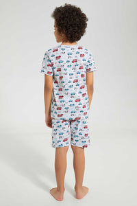 Redtag-Grey-Car-Print-T-Shirt-And-Short-Set-Pyjama-Sets-Boys-2 to 8 Years