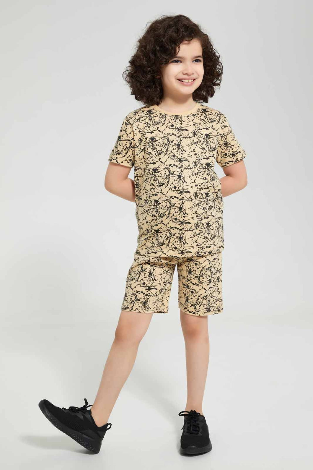Redtag-Brown-Splat-Aop-T-Shirt-And-Short-Set-Pyjama-Sets-Boys-2 to 8 Years