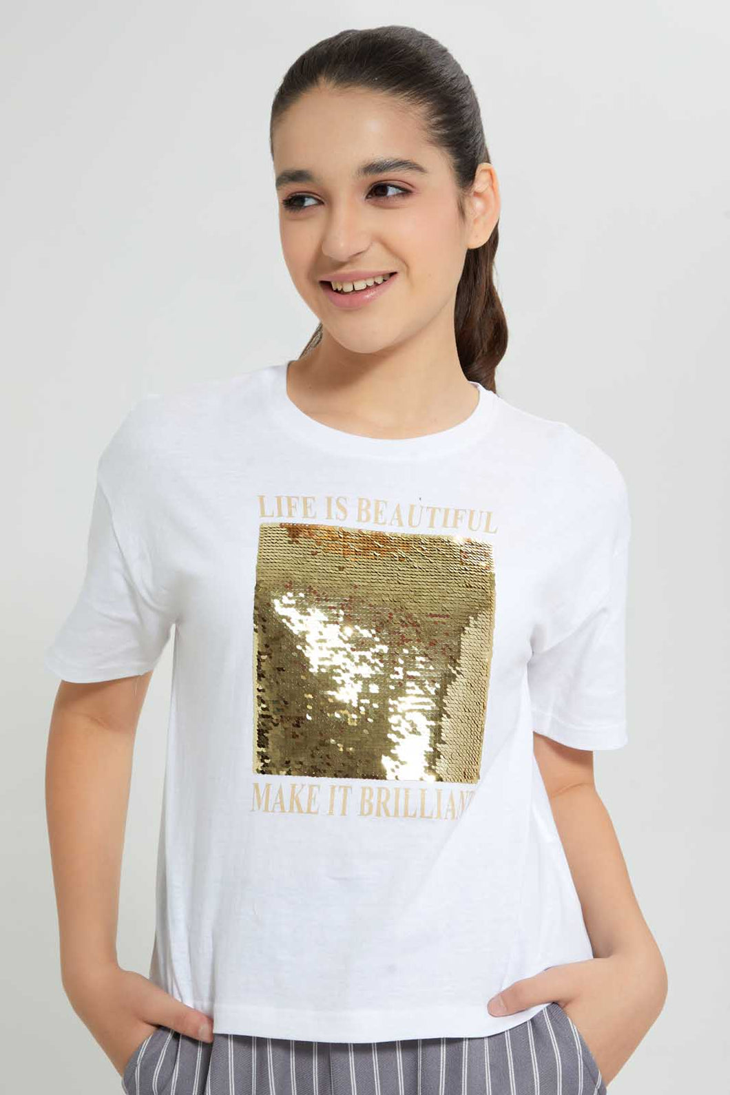 Redtag-White-Reversible-Sequins-Boxy-Top-Embellished-T-Shirts-Senior-Girls-9 to 14 Years