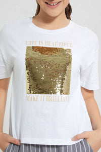 Redtag-White-Reversible-Sequins-Boxy-Top-Embellished-T-Shirts-Senior-Girls-9 to 14 Years