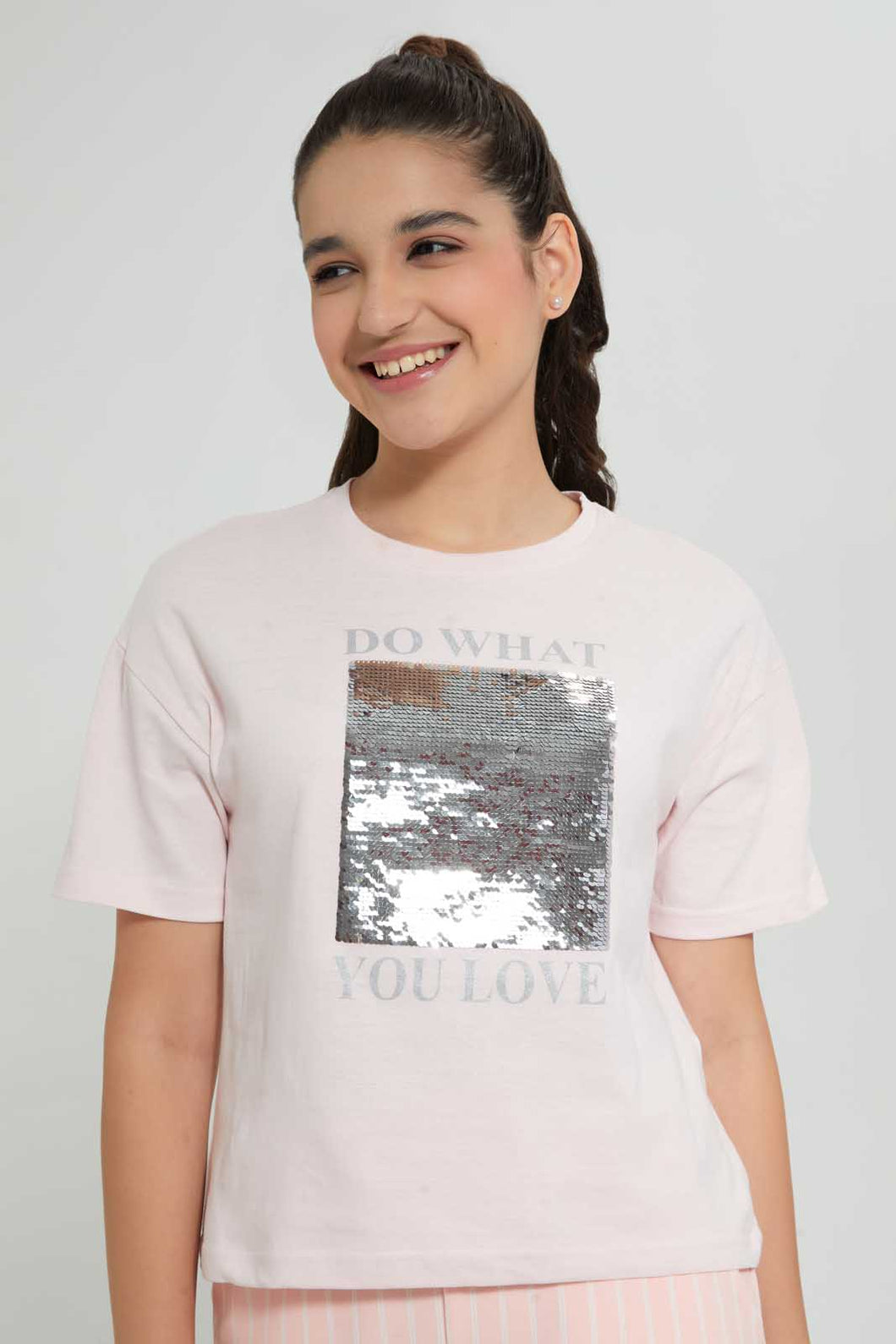 Redtag-Pink-Reversible-Sequins-Boxy-Top-Embellished-T-Shirts-Senior-Girls-9 to 14 Years