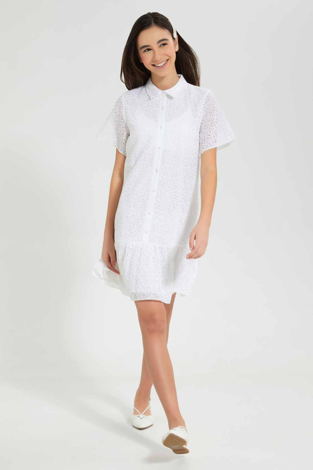 Redtag-White-Lace-Collared-Shirt-Dress-Dresses-Senior-Girls-9 to 14 Years