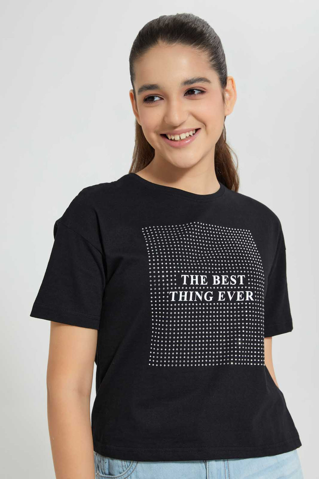 Redtag-Black-Rhinestone-Boxy-Top-Embellished-T-Shirts-Senior-Girls-9 to 14 Years