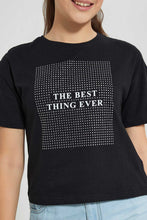 Load image into Gallery viewer, Redtag-Black-Rhinestone-Boxy-Top-Embellished-T-Shirts-Senior-Girls-9 to 14 Years
