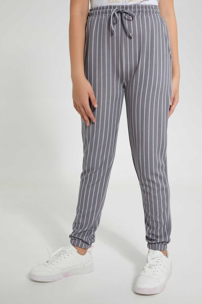 Redtag-Grey/White-Stripes-Harem-Pant-Harem-Pants-Senior-Girls-9 to 14 Years