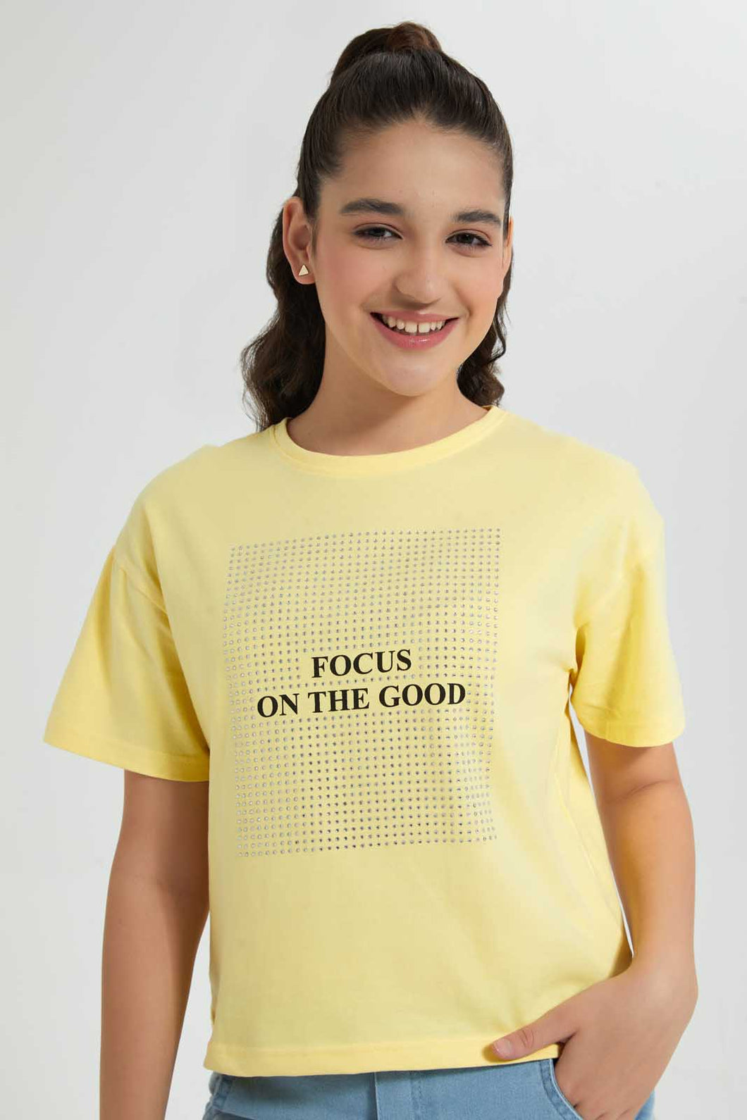 Redtag-Yellow-Rhinestone-Boxy-Top-Embellished-T-Shirts-Senior-Girls-9 to 14 Years