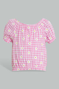 Redtag-Pink-Gingham-Checks-Crop-Top-And-Skirt-Sets-Infant-Girls-3 to 24 Months